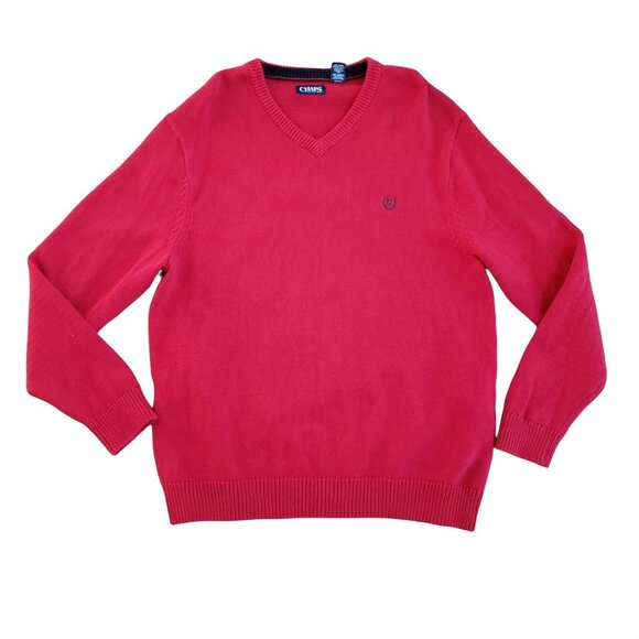 Ralph Lauren Chaps Mens Red V-Neck Sweater Large 100% Cotton - Picture 1 of 4